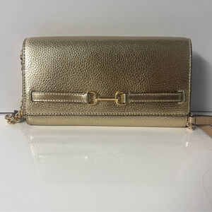 Michael Kors Carson Gold Pebble Leather Wallet On A Chain Crossbody